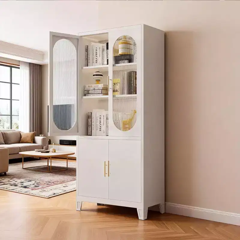 White Tall Storage Cabinet with Glass Doors, Freestanding Arched Pantry Cabinet with Shelves, Kitchen Cabinet for Dining Room, Bathroom, Living Room