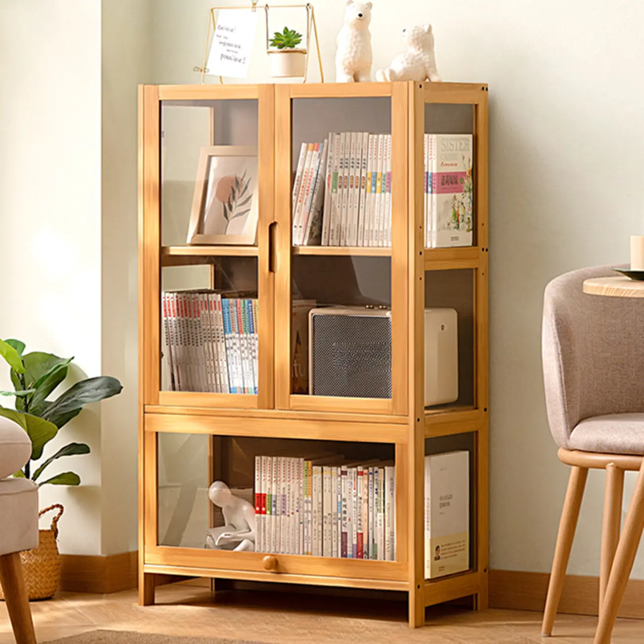 Standard Natural Wood Bookcase with Glass Doors