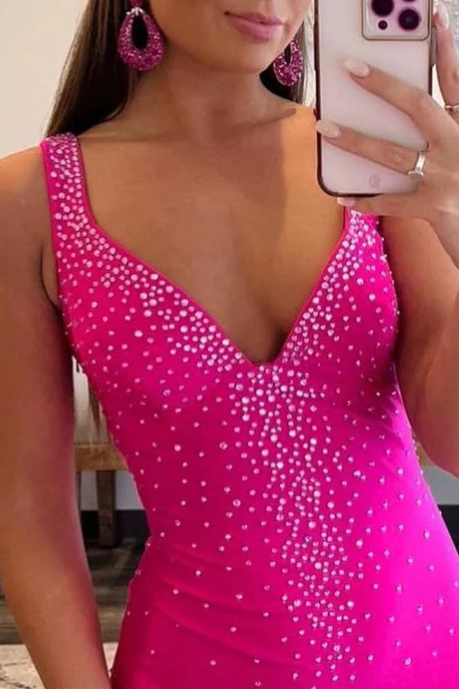 Mermaid V-Neck Beaded Satin Prom Dress with Cross Back