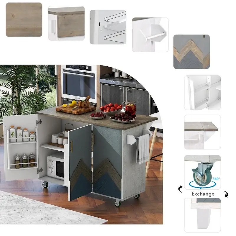 Retro MDF Kitchen Island on Wheels with Drop Leaf and Towel Rack