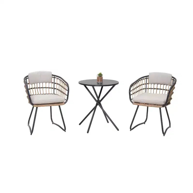 GDFStudio Marvello 3 Piece Outdoor Wicker and Iron Bistro Set with Cushions