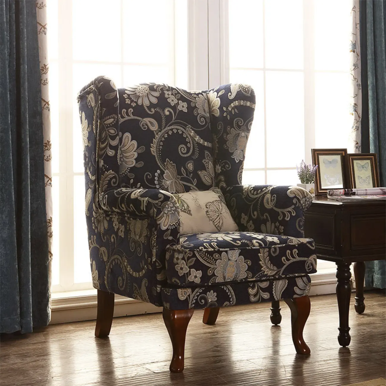 Traditional Fabric Wingback Chair with Ottoman for Living Room