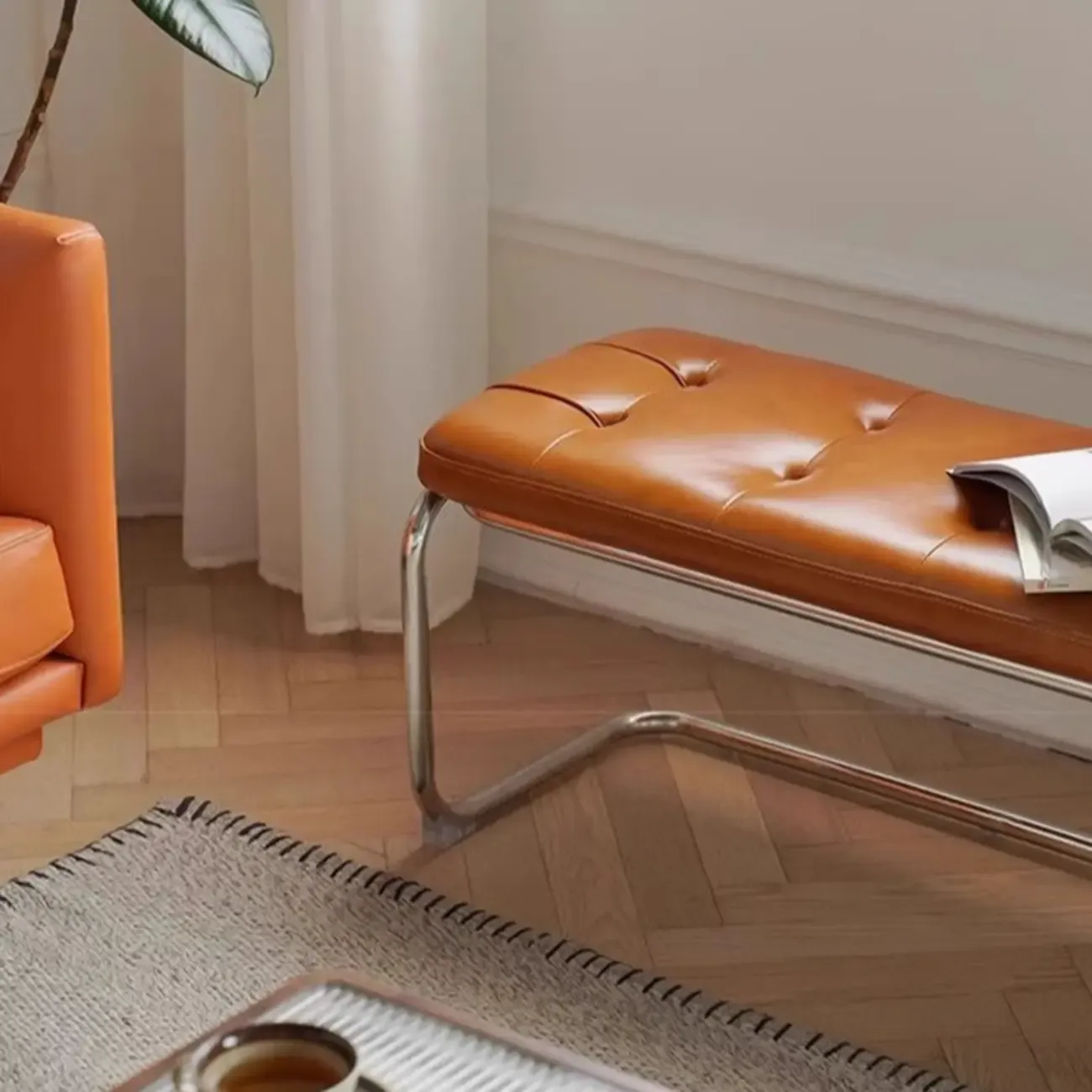 Modern Leather Rectangular Upholstered Bedroom Bench