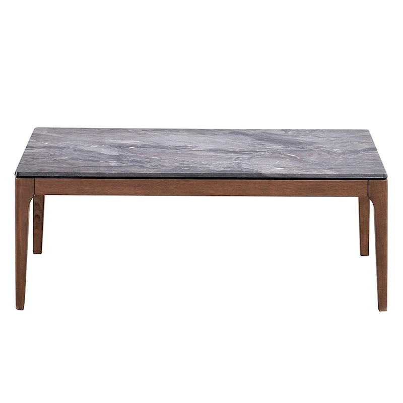 Evis Coffee Table, Rectangular 47 Inch Gray Faux Stone, Brown Wood