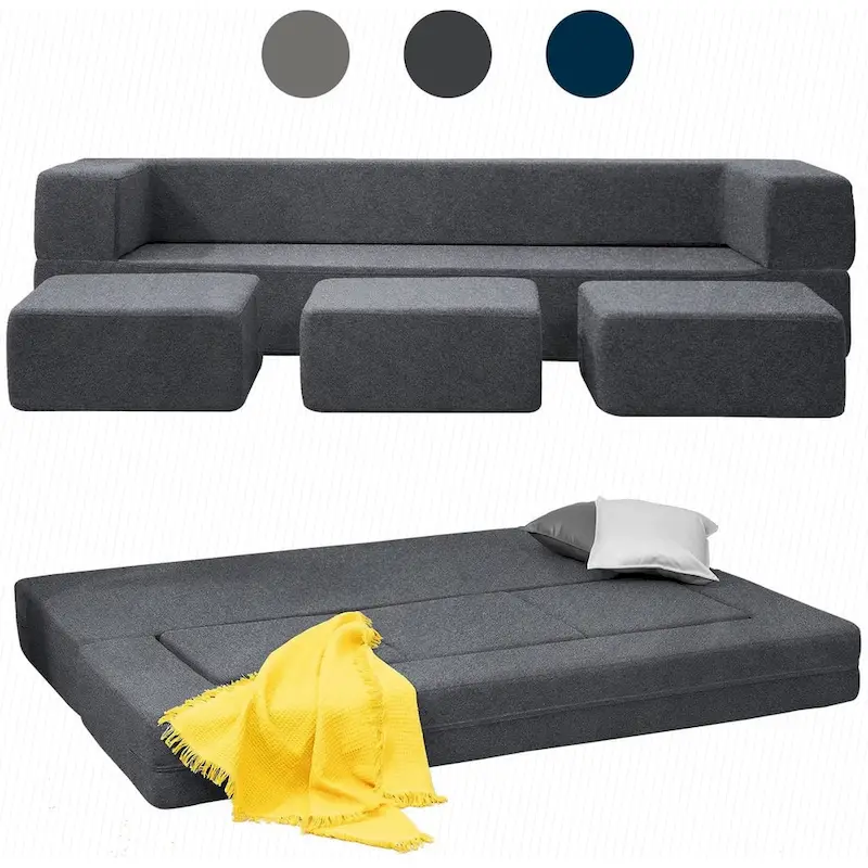 Queen Convertible Velvet Futon Sofa Bed with 3 Ottomans, Memory Foam, Foldable Mattress Floor Couch Sofa