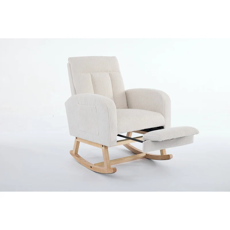 Accent Rocking Chair with Solid Wood Legs, Upholstered Nursery Glider Rocker, Comfy Armchair with Side Pocket