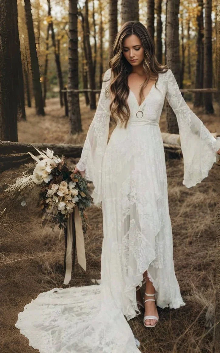 Simple Casual Long Sleeves Boho Lace Wedding Dress With Sweep Train