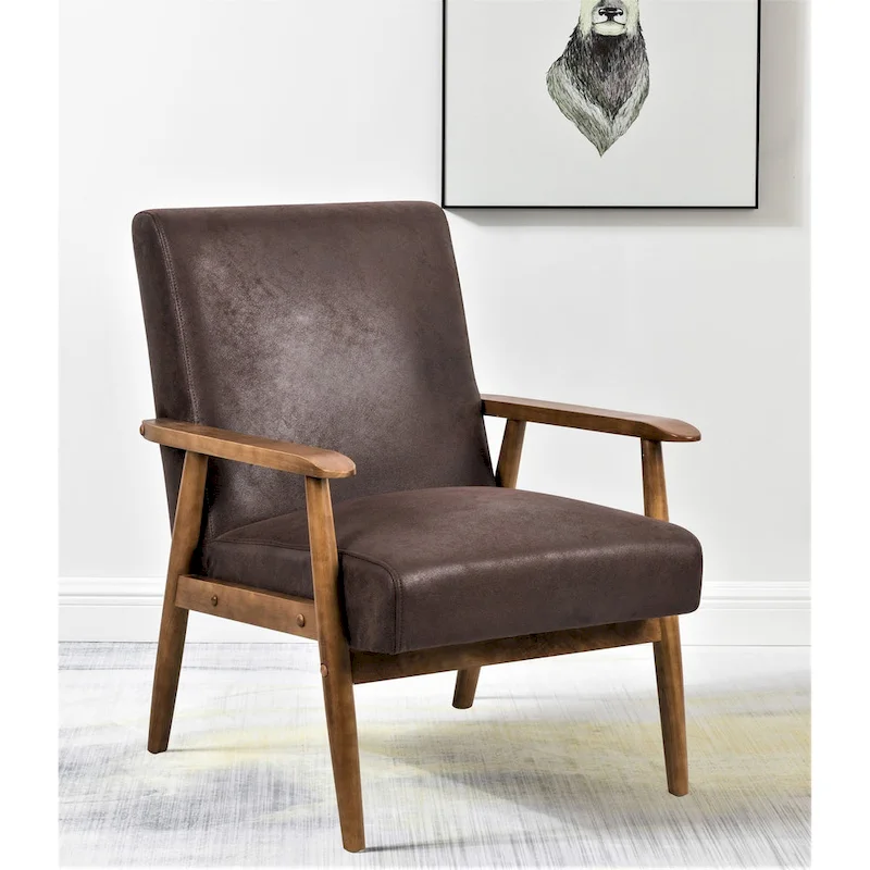 Armchair, Mid-Century Style, Leather-Look Microfiber Upholstery, Solid Wood A-Frame Arms, Tapered Legs, Foam Cushion, Light Camel / Grey / Dark Brown / Light Brown / Brown, 1-Person Use