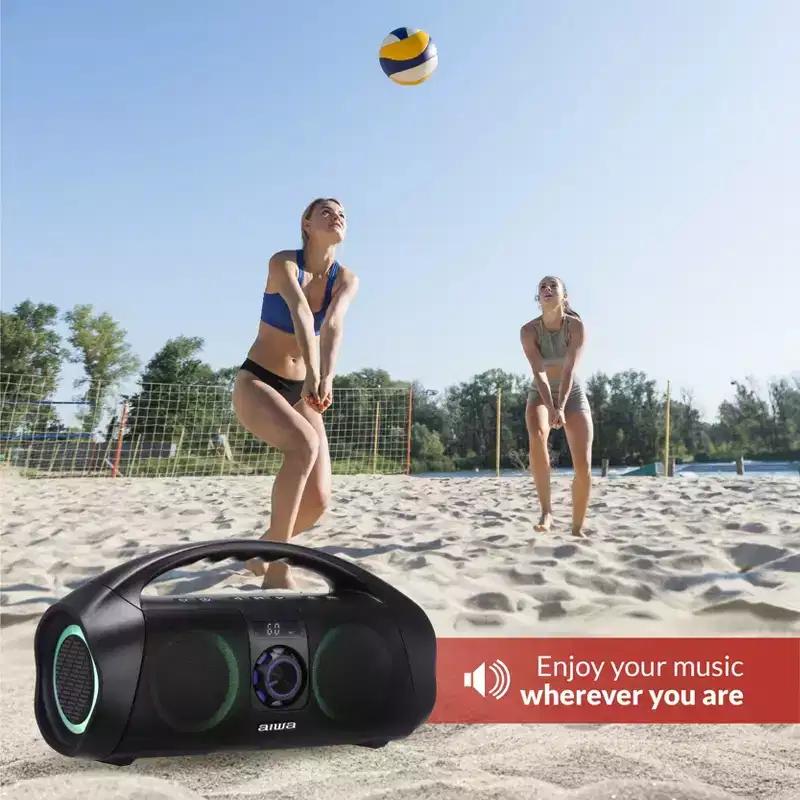 Aiwa Portable Bluetooth Boombox Speaker IPX7 Waterproof with Multi Color LED Lighting and Digital Display