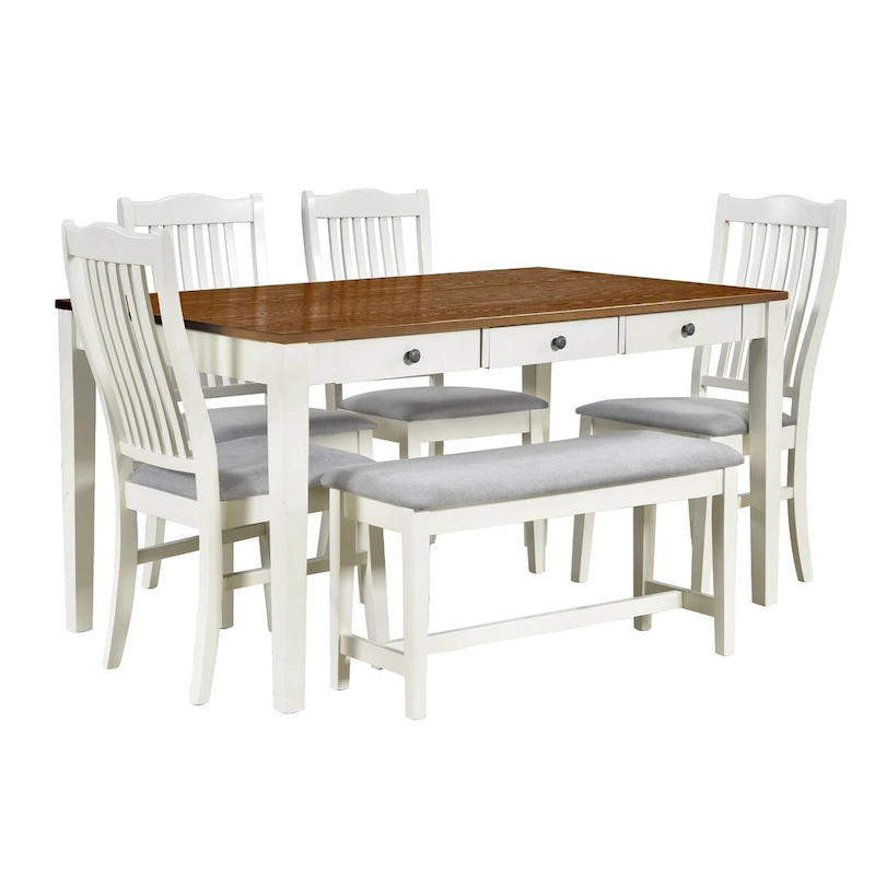 6-Piece Wood Dining Table Set with 4 Chairs and Bench