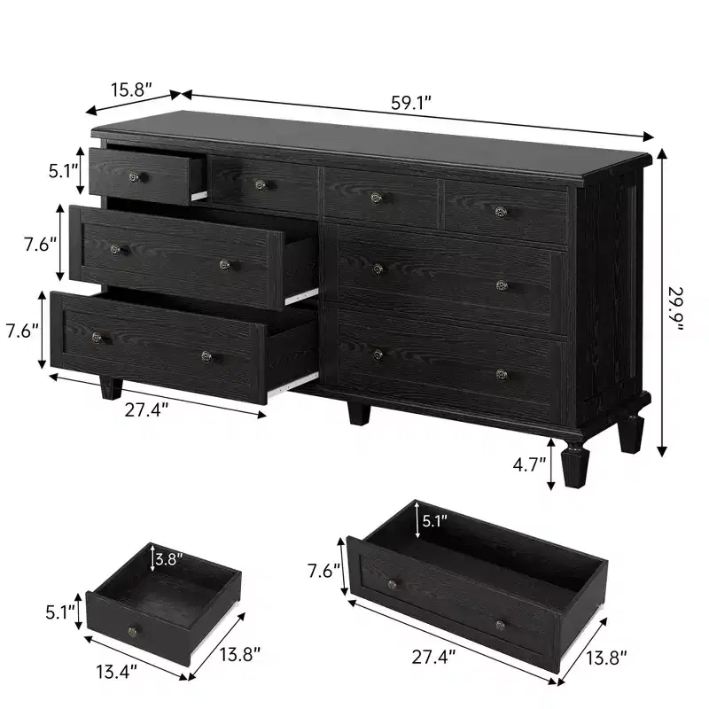 Vintage 8-Drawer Dresser,59 Long TV Stand for Bedroom with Carved Handles, Tapered Wooden Legs, Large Storage Capacity Wooden Chest of Drawers