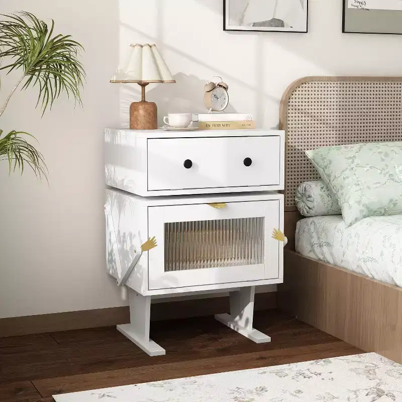 Famapy 360 Swivel Bedside Table with Drawer and Transparent Glass Cabinet Nightstand