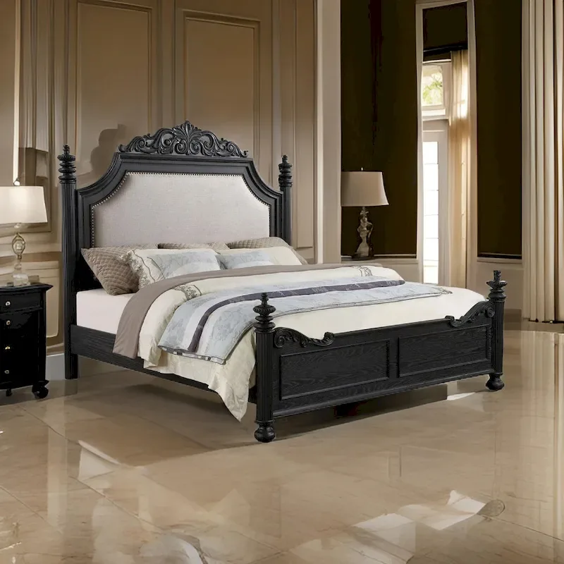 King Size Bed, Scrolled Headboard, Cream Upholstery, Black Wood