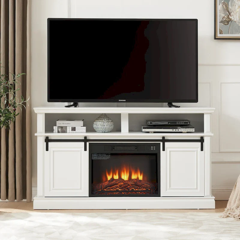Media Console Table with Storage Cabinet, Mid Century Modern TV Console with 23 Fireplace Insert, Multipurpose Sliding Door TV