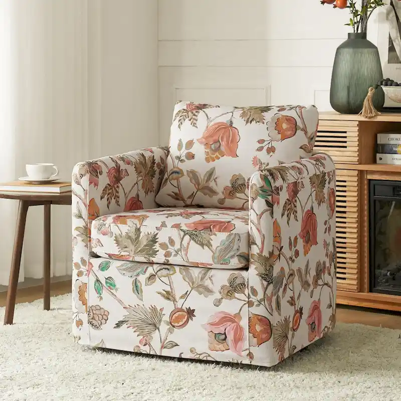 Floral Linen Swivel Barrel Chair for Living Room