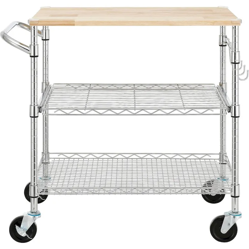 Tier Oak Wood Kitchen Cart with Wheels Slider Shelf and Hooks for Microwave Coffee Storage in Dining Room