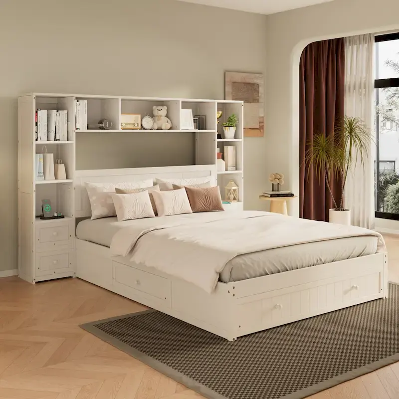 White Full Size Platform Bed with Storage Drawers, Nightstands & Charging Stations, Single