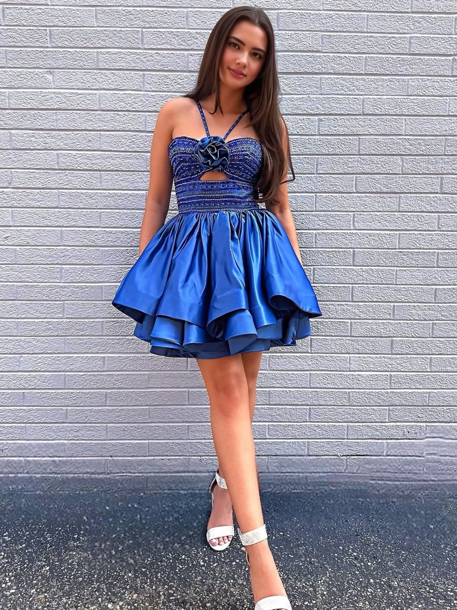 Royal Blue - Halter A Line Satin Beaded Homecoming Dresses With Flower