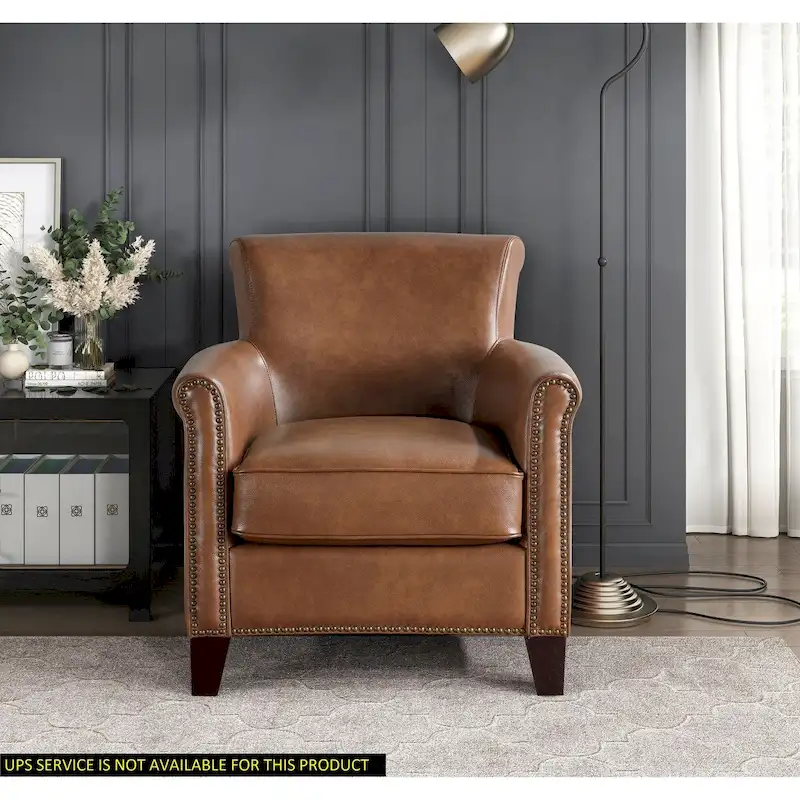 Brown / Grey Top-Grain Leather Accent Chair with Nailhead Trim – Single