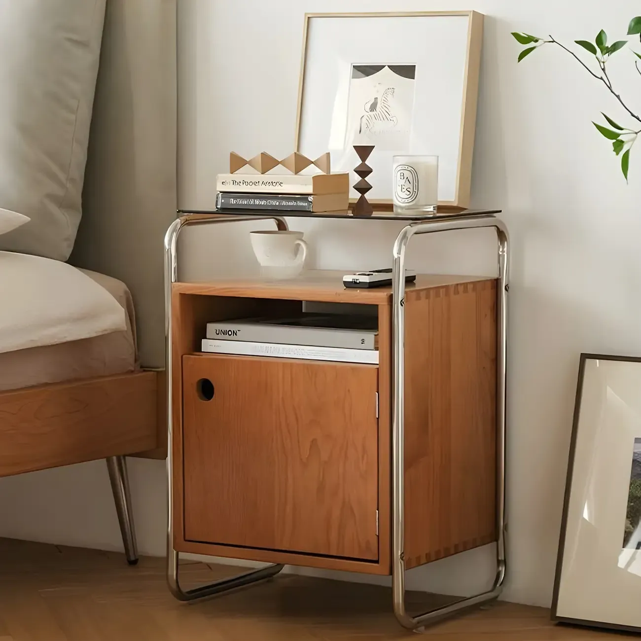 Natural Finish Narrow Glass-Top Light Wood Nightstand