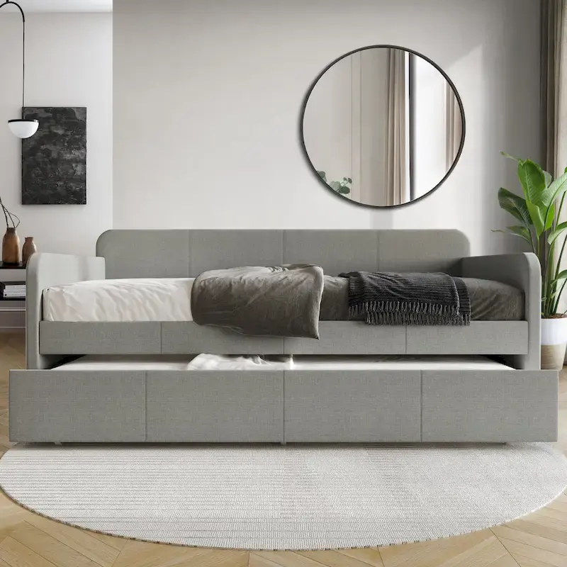 Warm Grey / Light Grey Minimalist Twin Upholstered Daybed with Trundle - Fits 2 People