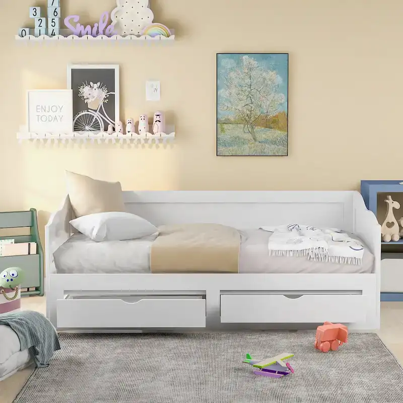 White Twin Pine Wood Extendable Daybed with 2 Storage Drawers