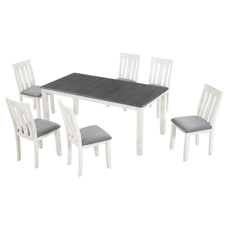 Retro Style 7-Piece Dining Table Set with Extendable Table and 6 Upholstered Chairs