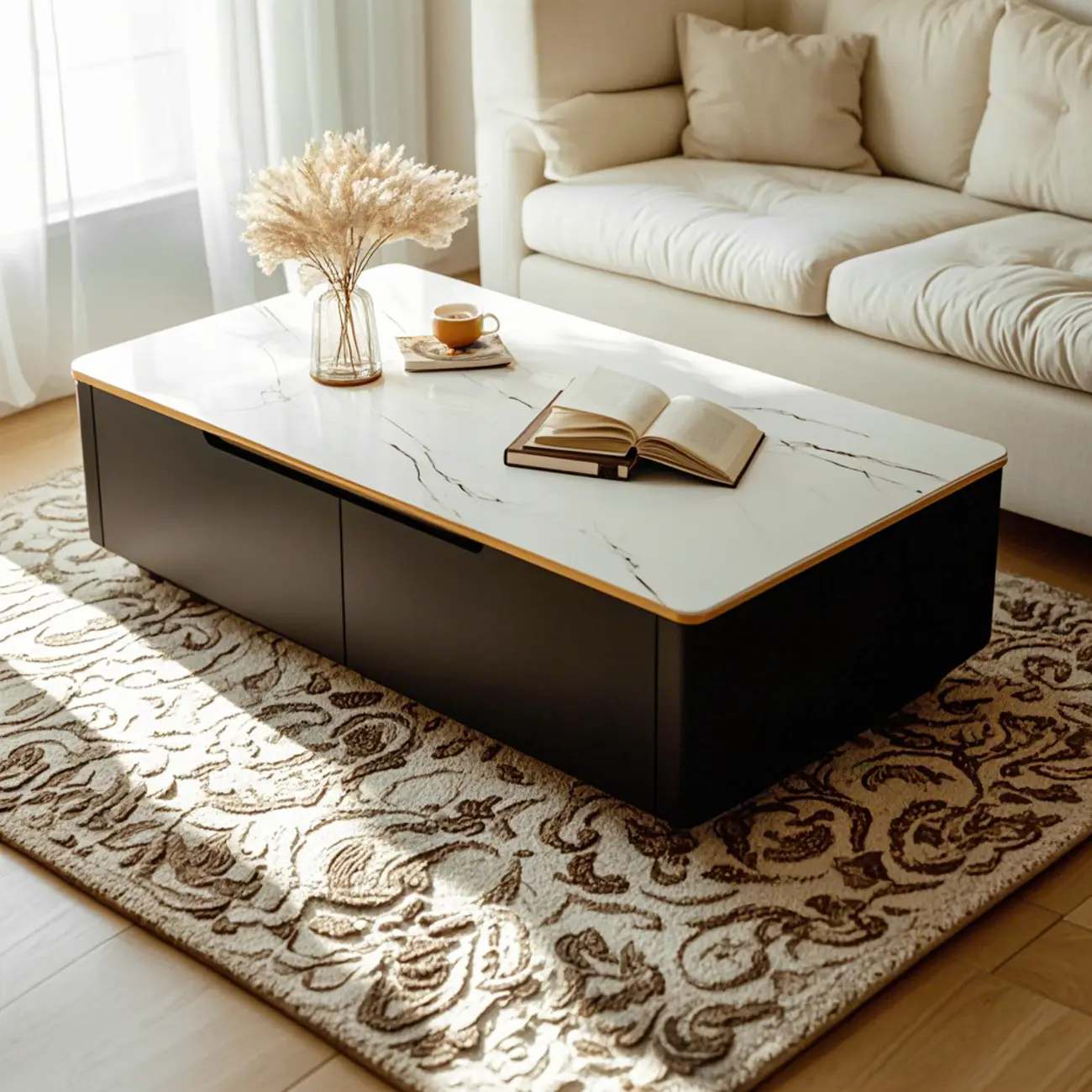 1 Tier Minimalistic Black Coffee Table with 4-Drawer