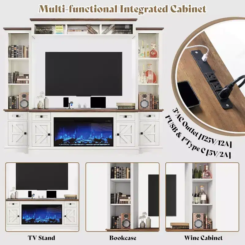 Gray & White Farmhouse Entertainment Center with Fireplace, Fits up to 78