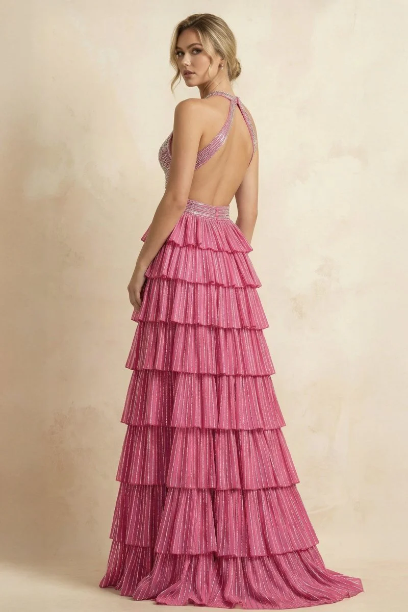 Dusty Pink - A-Line V Neck Satin Beaded Long Prom Dresses With Ruffles