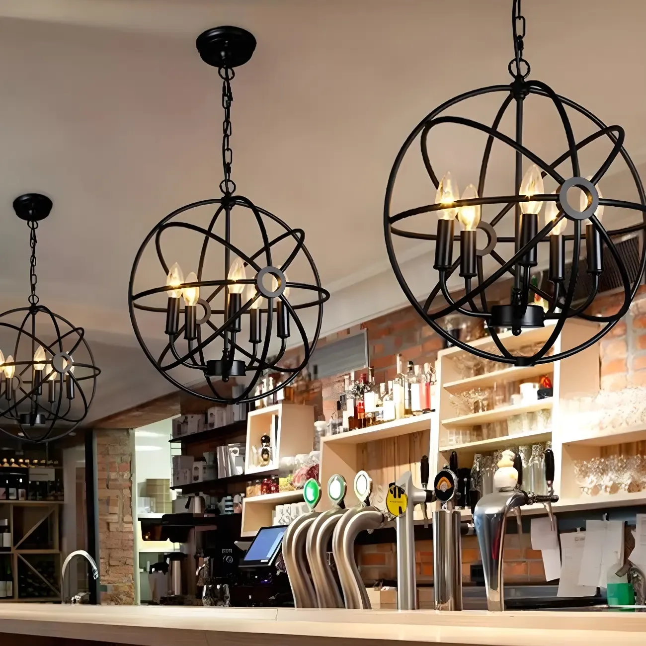 Industrial Black Metal Globe Caged Candelabra Chandelier