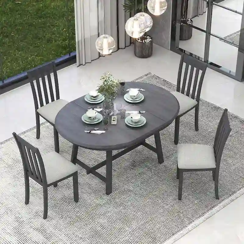 5 PCS Wood Dining Table Set for 4 Round Extendable Table with 4 Chairs