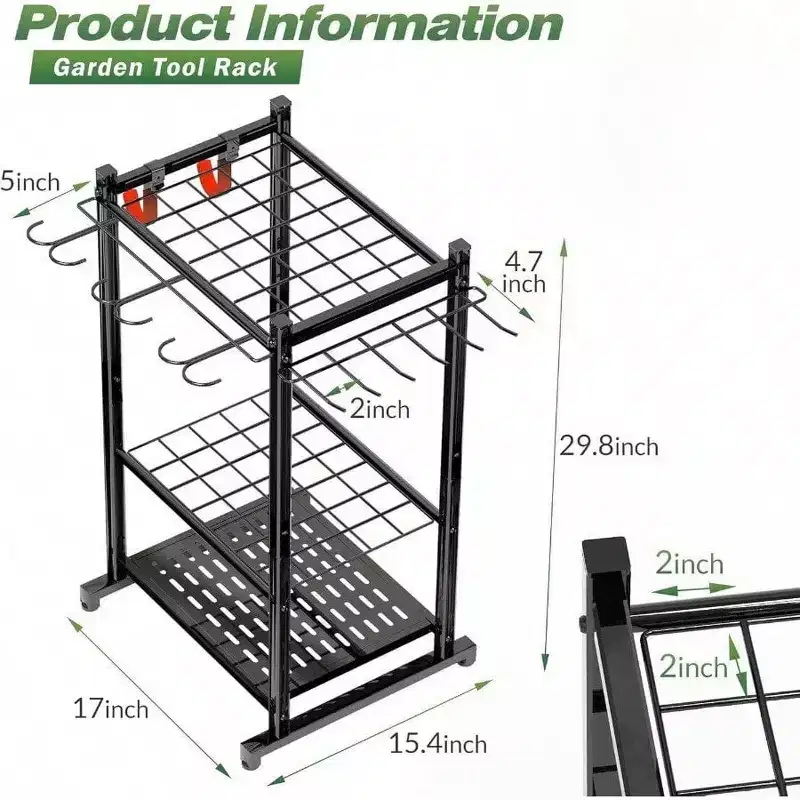 Garden Organizer Rack 50 Tools Heavy - Duty Steel Garage Storage Shed Patio Outdoor Black with 11 Hooks Broom Holder