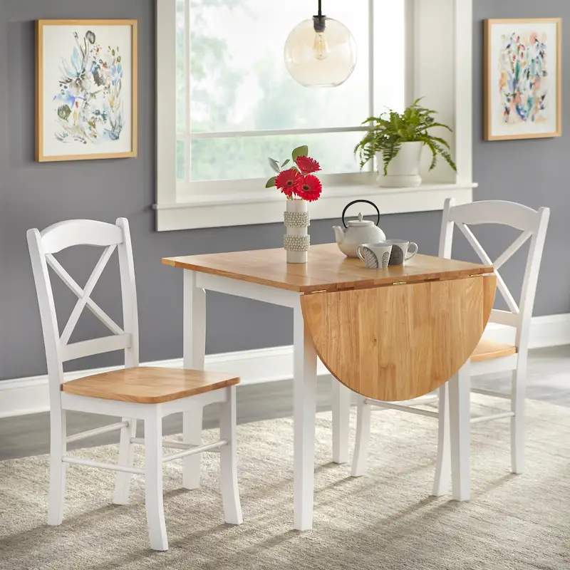5-Color Farmhouse Drop-Leaf Rubberwood Dining Set for 2 (1 Table + 2 Chairs)