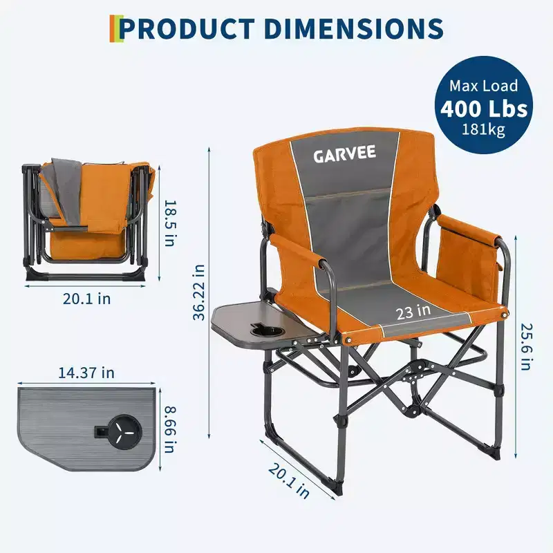 Folding Director's Chair with Built-in Side Table, Portable Lawn & Camping Seat for Outdoor, Patio, and RV Trips, Orange 1PC