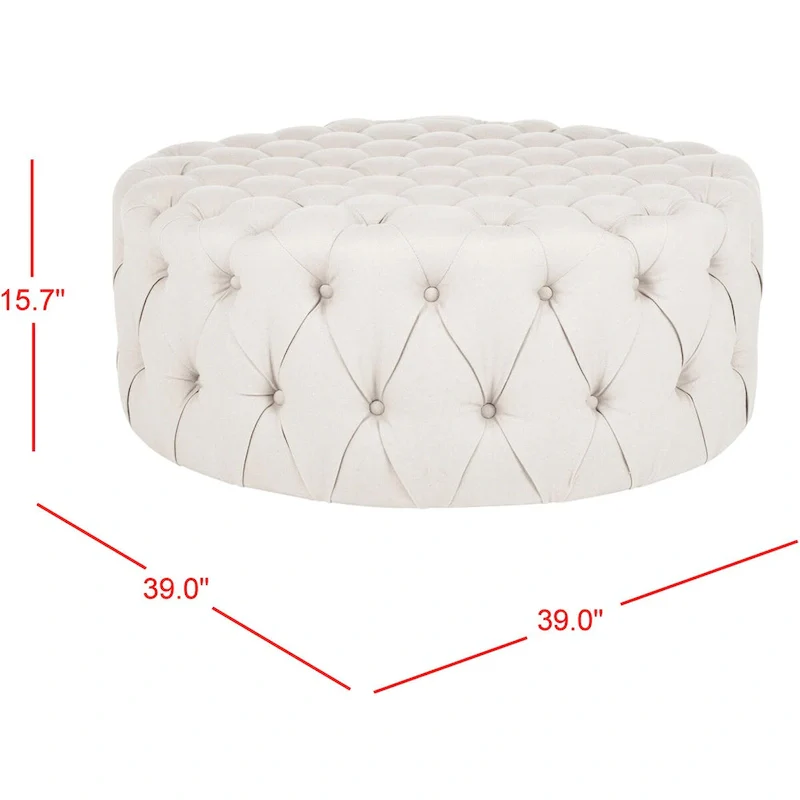 Round Button-Tufted Linen Ottoman – Mushroom / Grey / Antique Gold / Wheat / Bordeaux / Navy / Taupe, Single