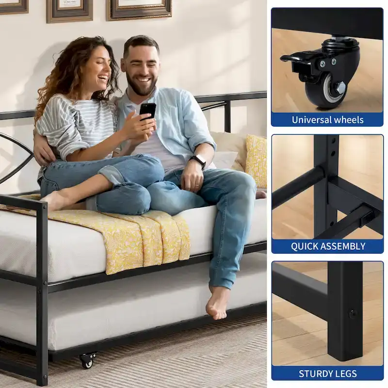 Black Metal Twin Daybed with Pull-Out Trundle – Sleeps 2