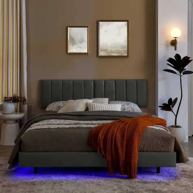 Floating Bed Frame With Led Lights And Wall Mounted Headboard