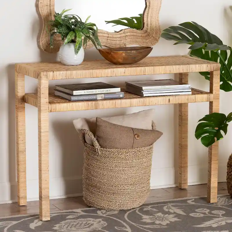 Light Honey Bohemian Rattan & Acacia Wood Console Table with Open Shelf