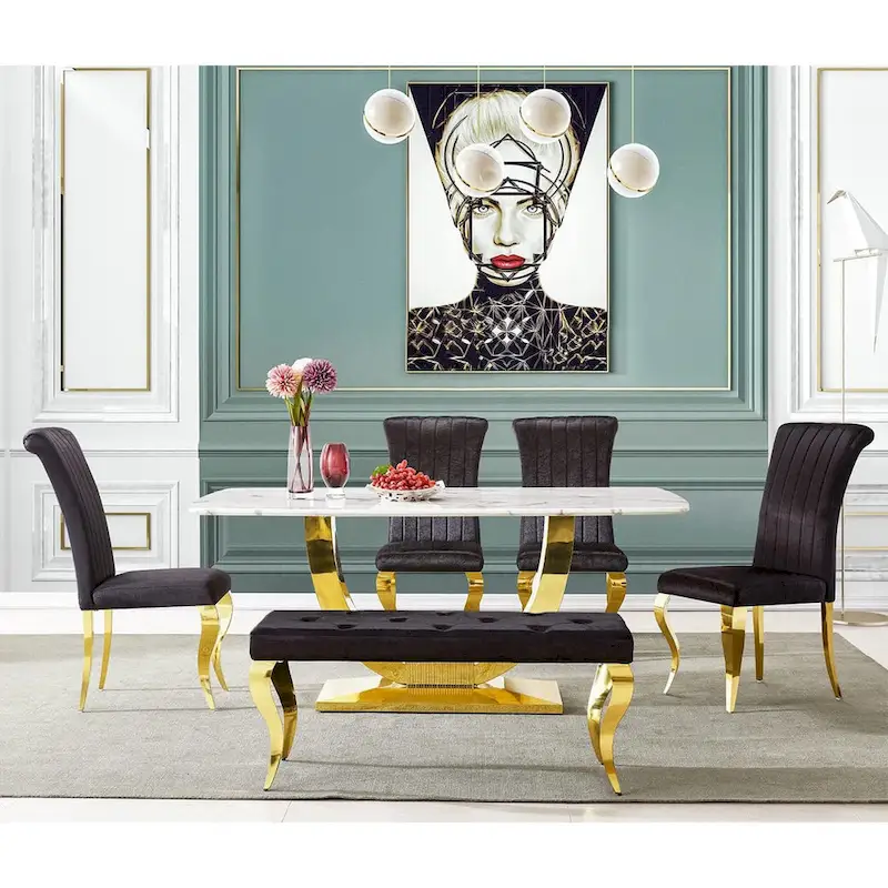 Luxury Velvet Bench Button Tufted Upholstered Dining Bench with Polished Metal Legs