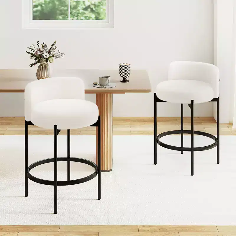 Costway Boucle Counter Stools Set of 2 w/Curved Backrest Metal Frame Comfy Footrest