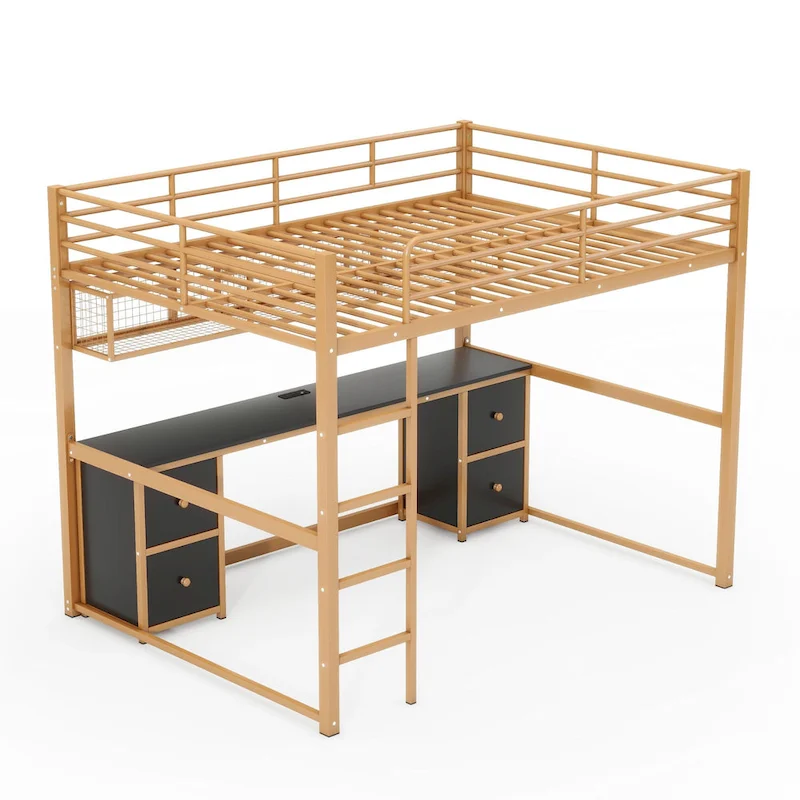 Gold+Black Full Metal Loft Bed with Desk, Drawers & Charging Station