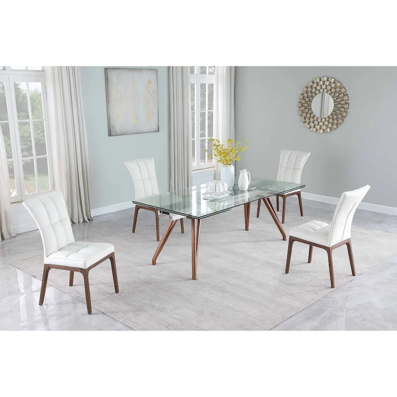 Extendable Glass Top Dining Table with Solid Wood Legs