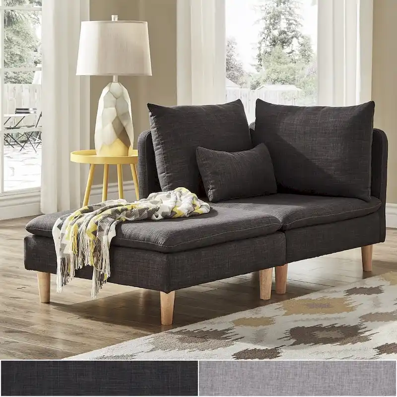 Modular Mid-Century Corner Chair – Grey Linen, Oak Legs, 2 Back Cushions & Accent Pillow