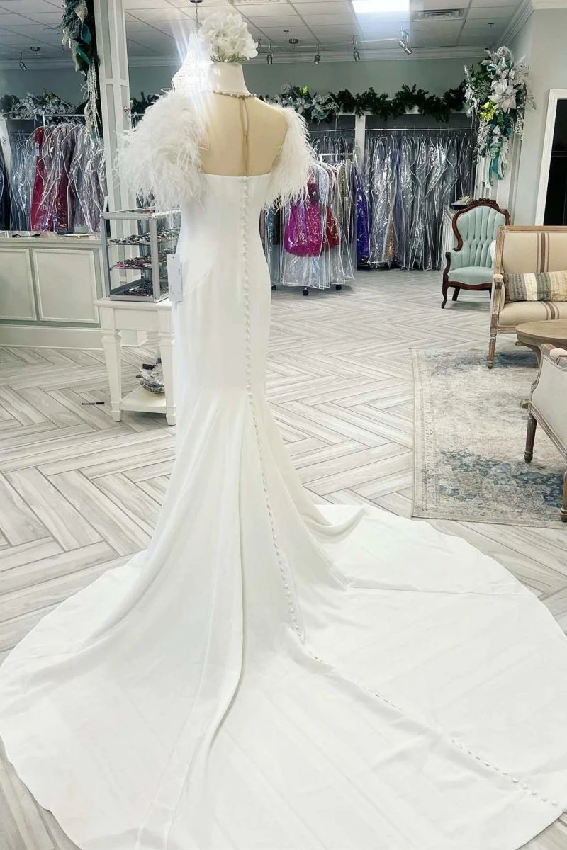 White Feather Illusion Neck Mermaid Long Wedding Dress
