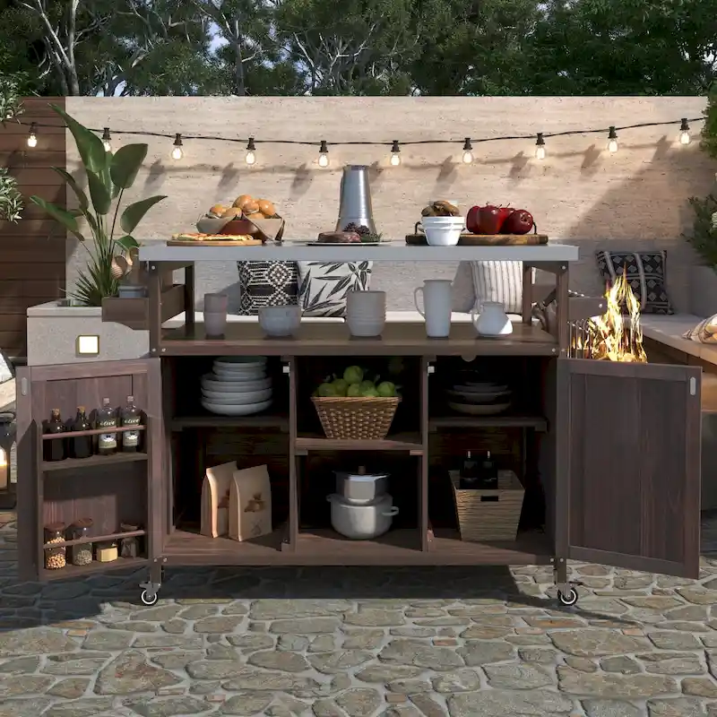 Natural/Brown Fir Wood Outdoor Rolling Kitchen Island with Stainless Steel Top
