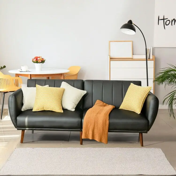 Convertible Futon Sofa Bed - Black PU Leather - Adjustable 3-Position