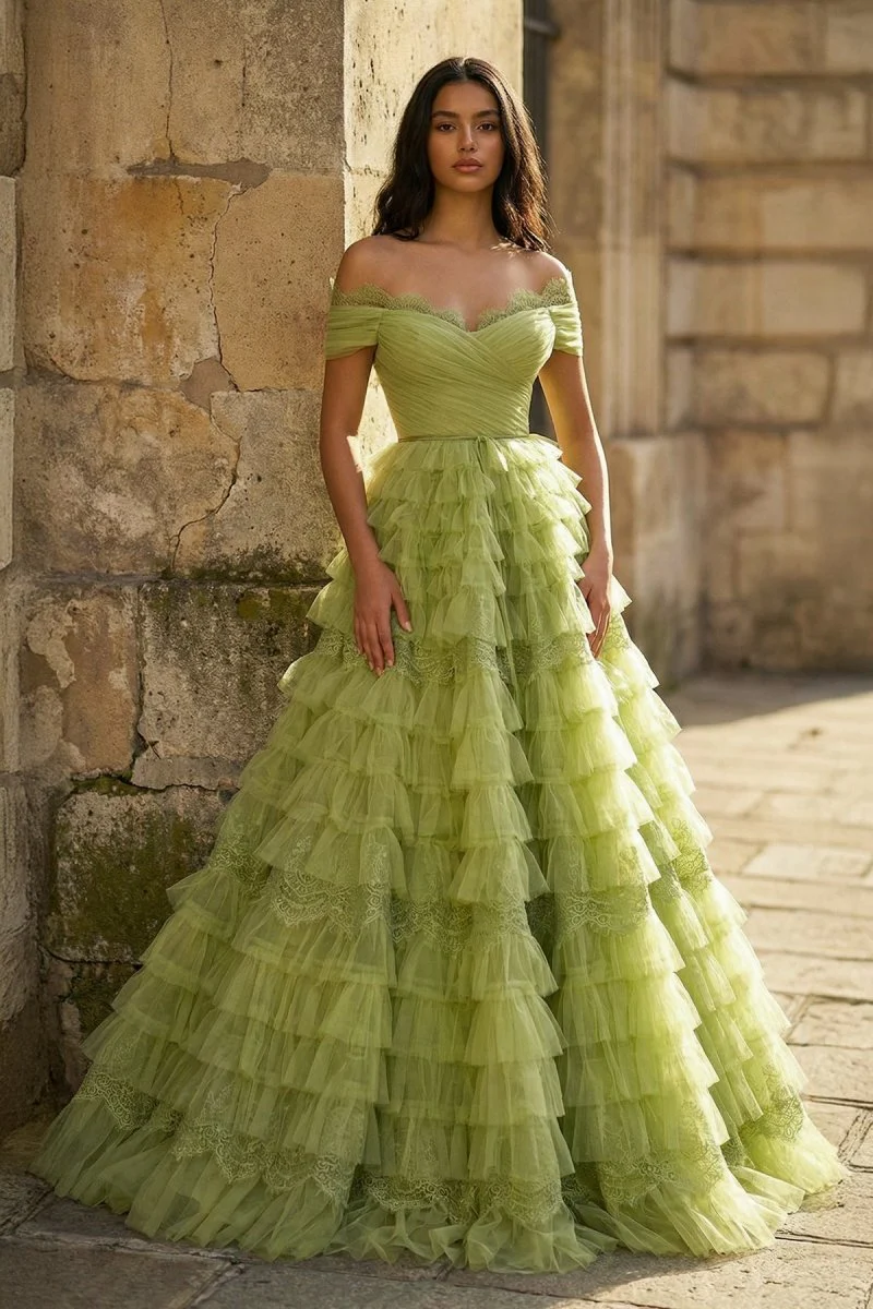 A Line Off the Shoulder Tulle Prom Dress