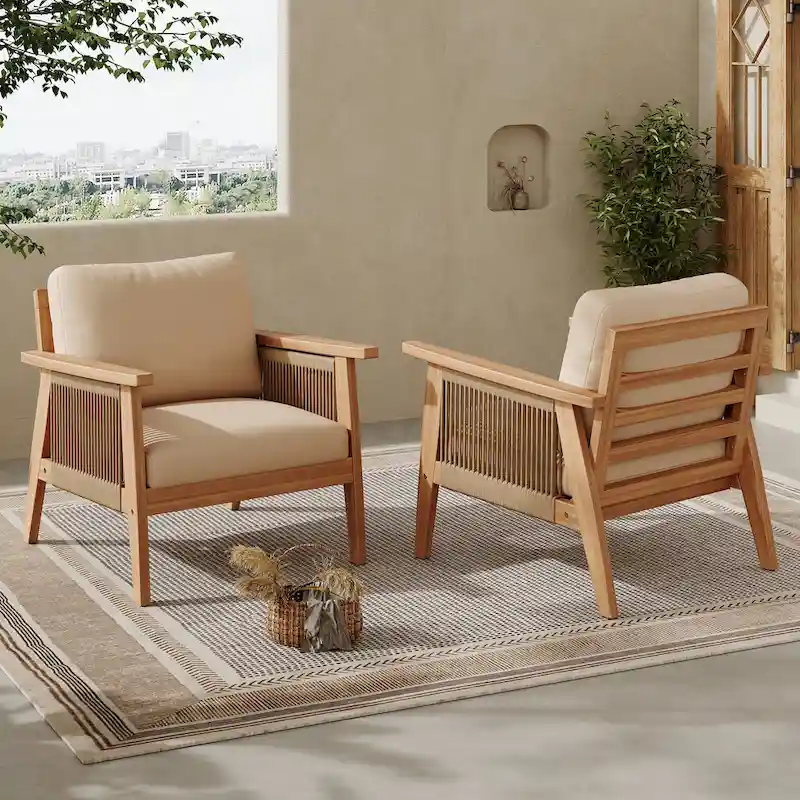 Outdoor Acacia Wood and Rope Patio Chair with Cushions (Set of 2)