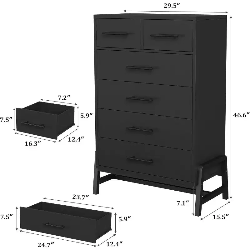 Modern 6-Drawer Dresser with 4 Full-Width & 2 Small Drawers, 46.6 Inch Tall Freestanding Wood Storage Chest for Bedroom, Living Room